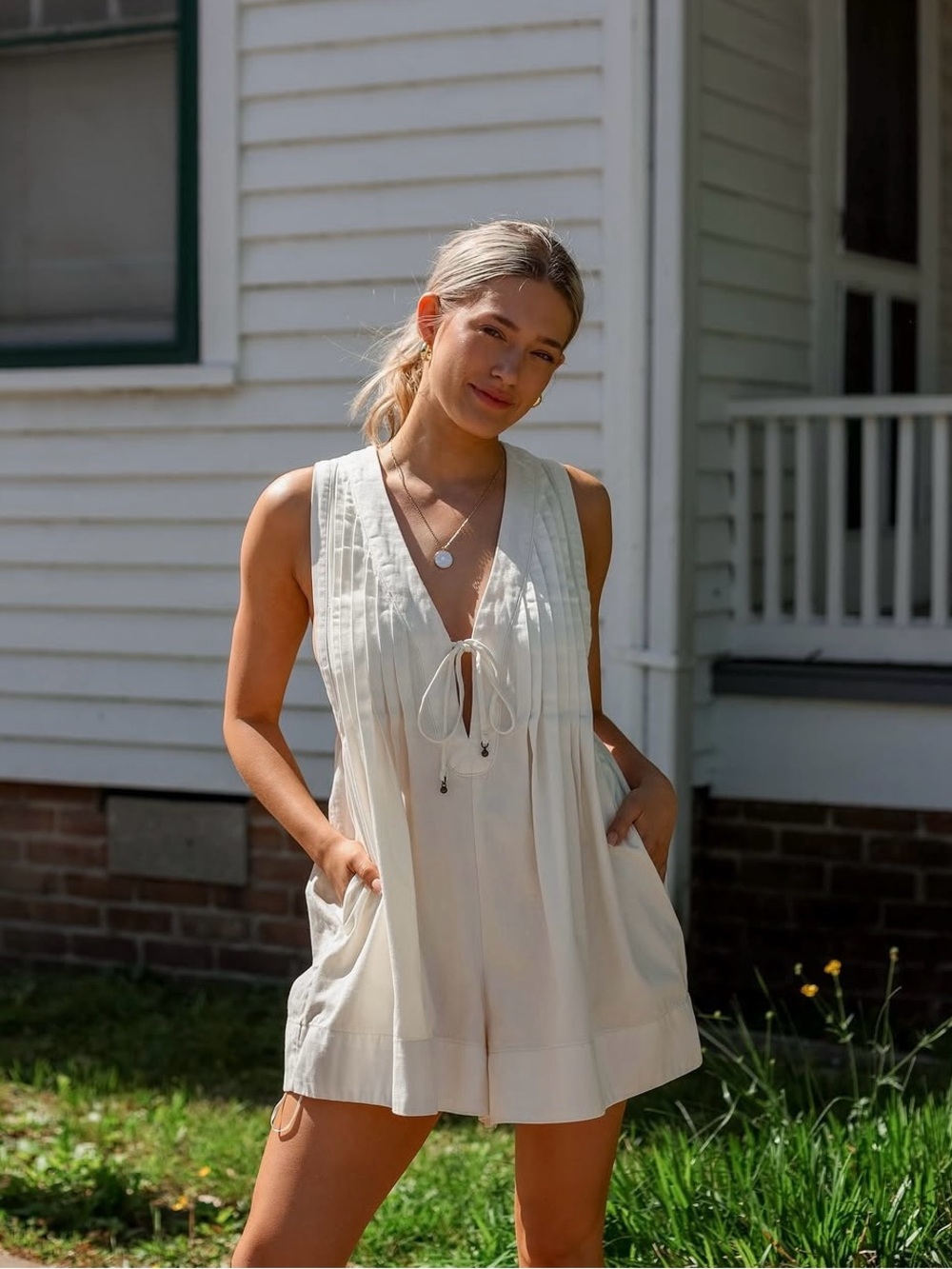 Free People Webster Romper Ecru Cream Pintuck Tie Front Cotton NWT Small - Picture 3 of 13